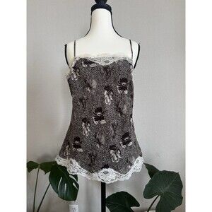 Ann Taylor 100% Silk Floral Lace Trim Cami Top Brown Black Size 10 Y2K Coquette